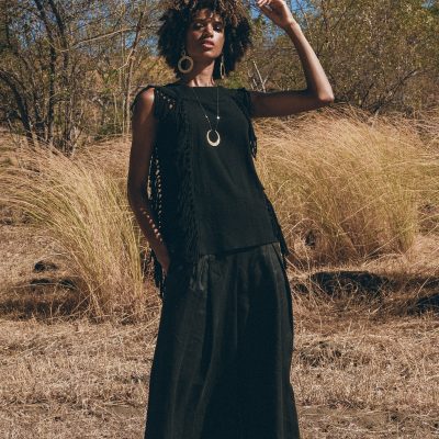 Black Boho Top Bohemian Frayed Tee Hand Loomed