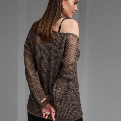 Soft Glossy Sweater Translucent Top Cold Shoulder Long