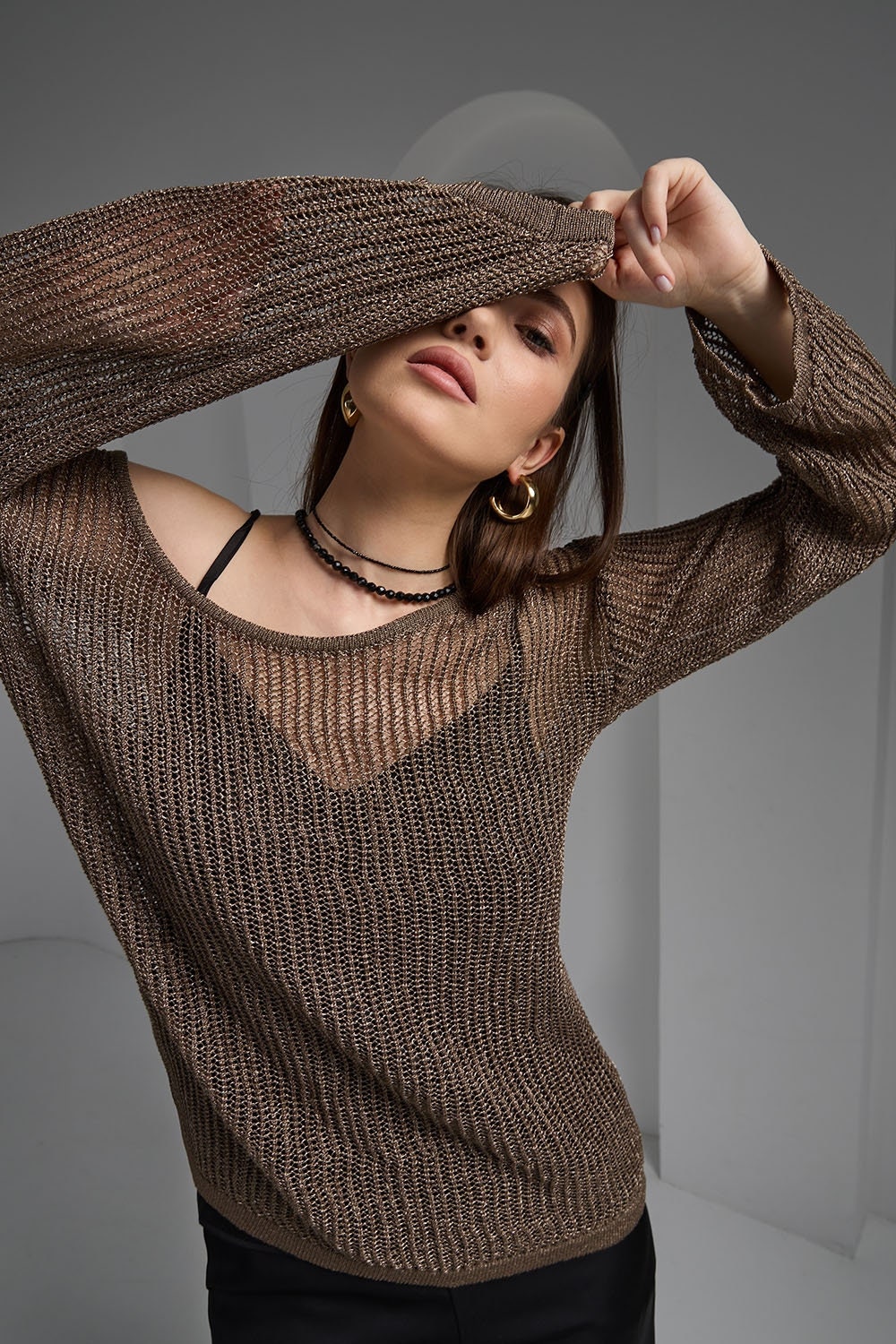 Soft Glossy Sweater Translucent Top Cold Shoulder Long